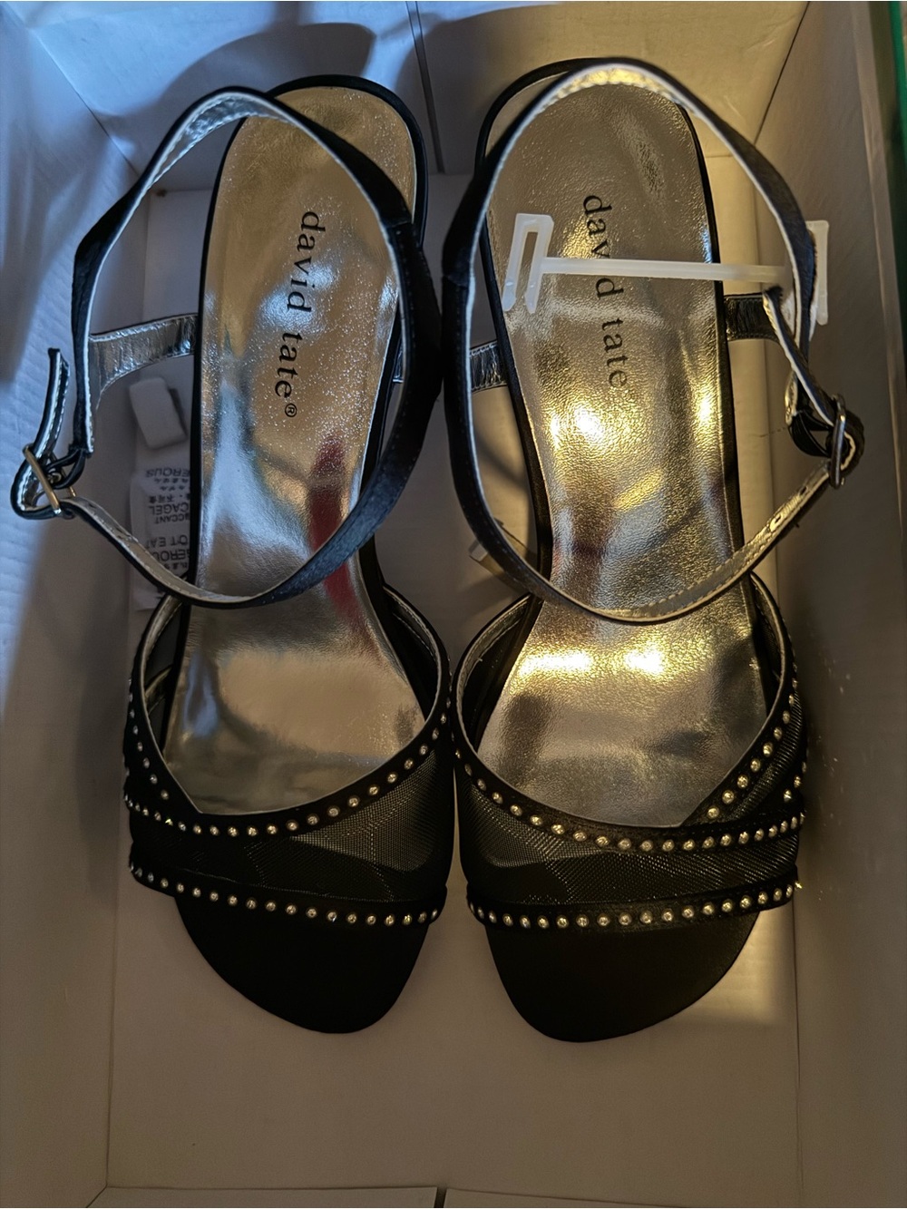 DAVID TATE Violet Black Satin Studded Ankle-Strap Heels. 8 Wide width NWT